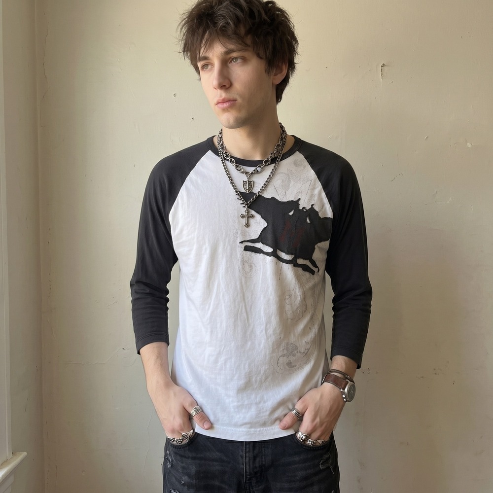 Monarchy Mens Shirt Small White Black Raglan Graphic Distressed Y2K Grunge Tee